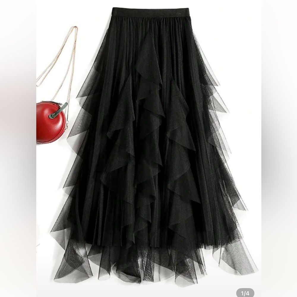 Women Asymmetrical Layered Ruffle Cake Skirt, Tulle Net Puff A-Line Black Skirt